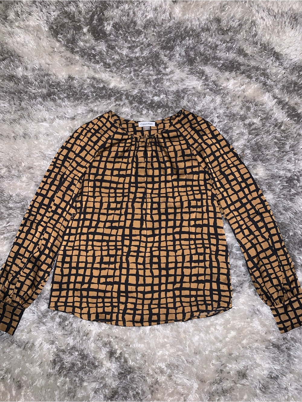 Calvin Klein Tan & Black Grid-Pattern Long Sleeve Blouse